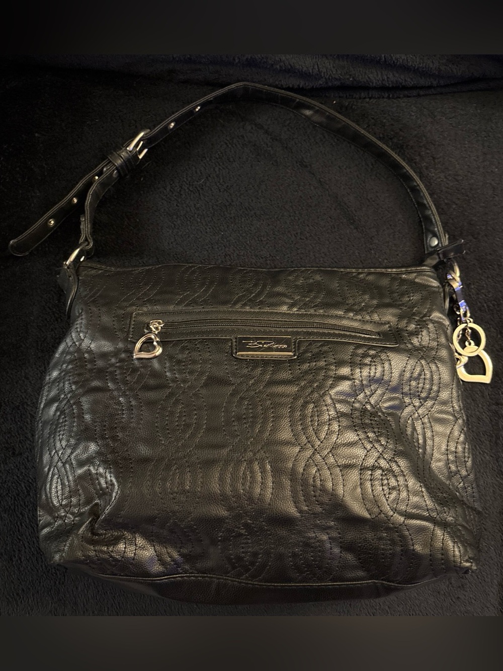 Black Quilted Tote with Heart Charm by B. Makowsky